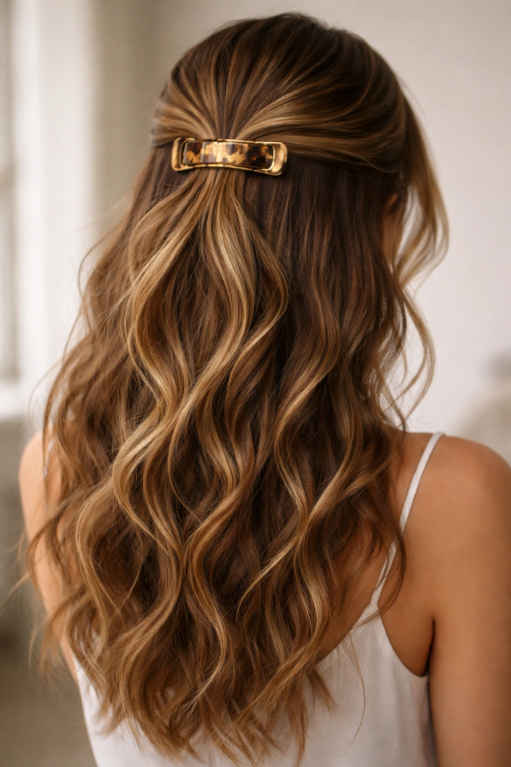 Wide clip securing half-up style on wavy hair with natural waves.
