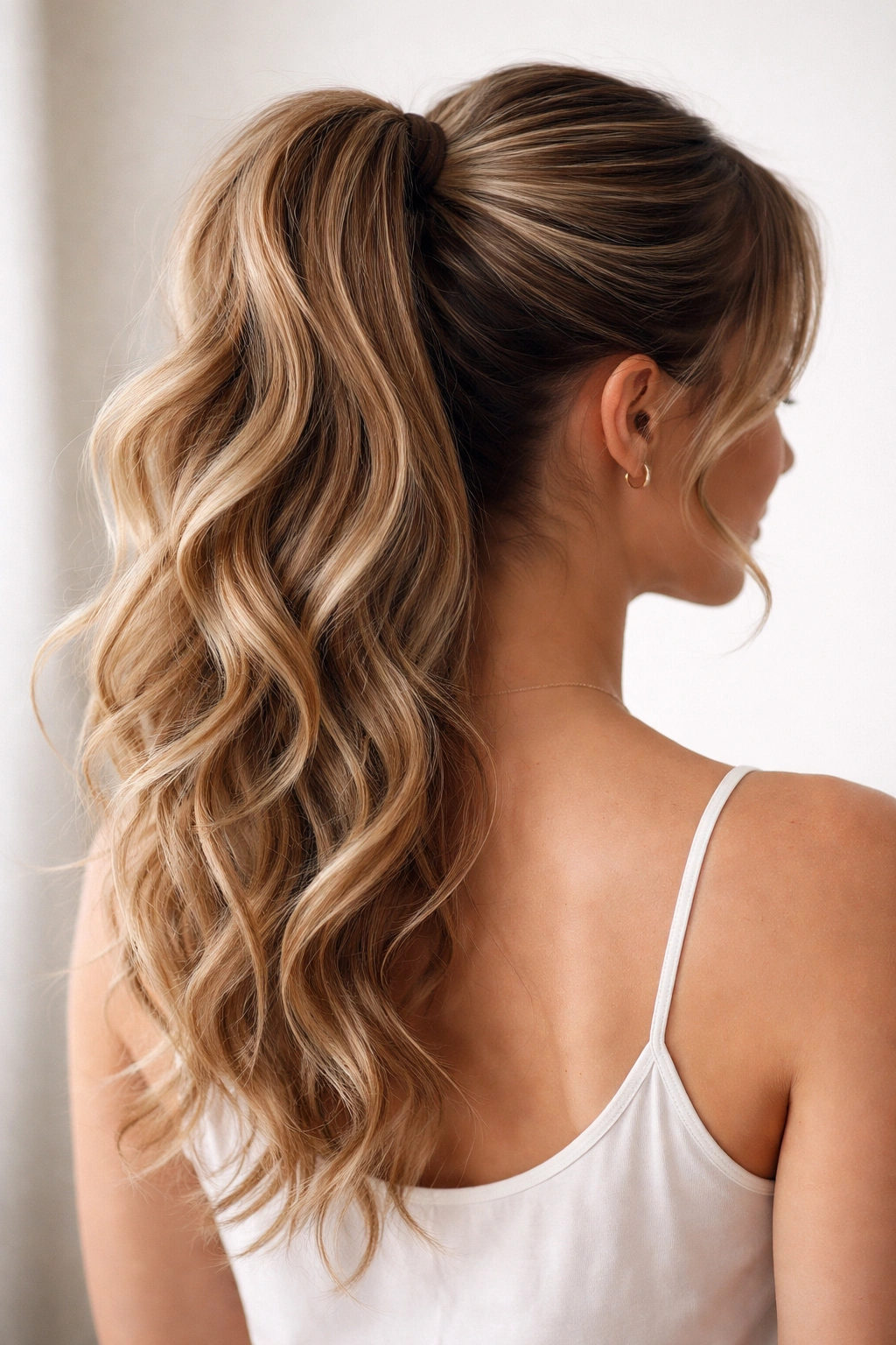 Back view of a high ponytail designed to match different wave patterns with soft waves