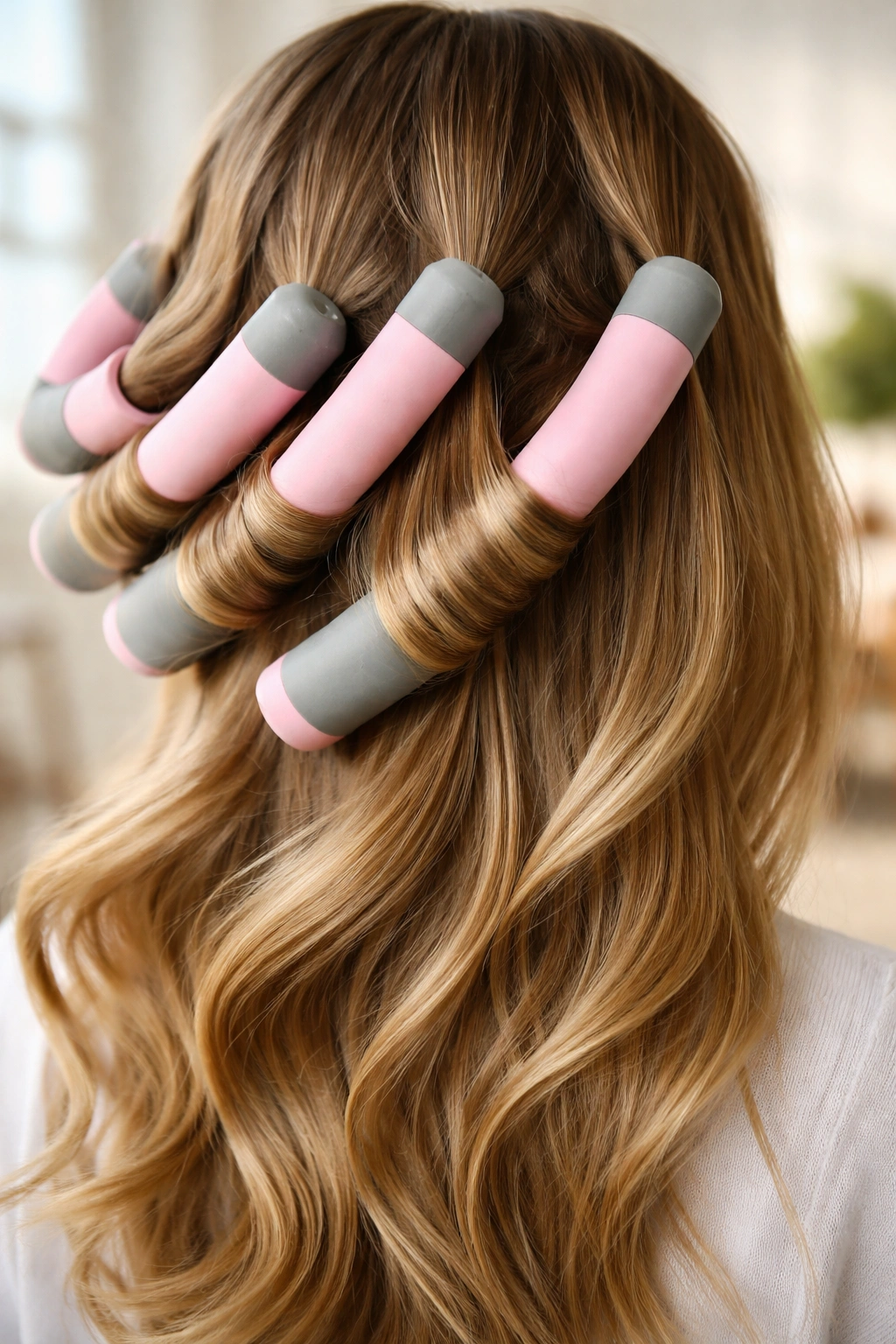 Hair wrapped on large rods showing subtle waves and movement