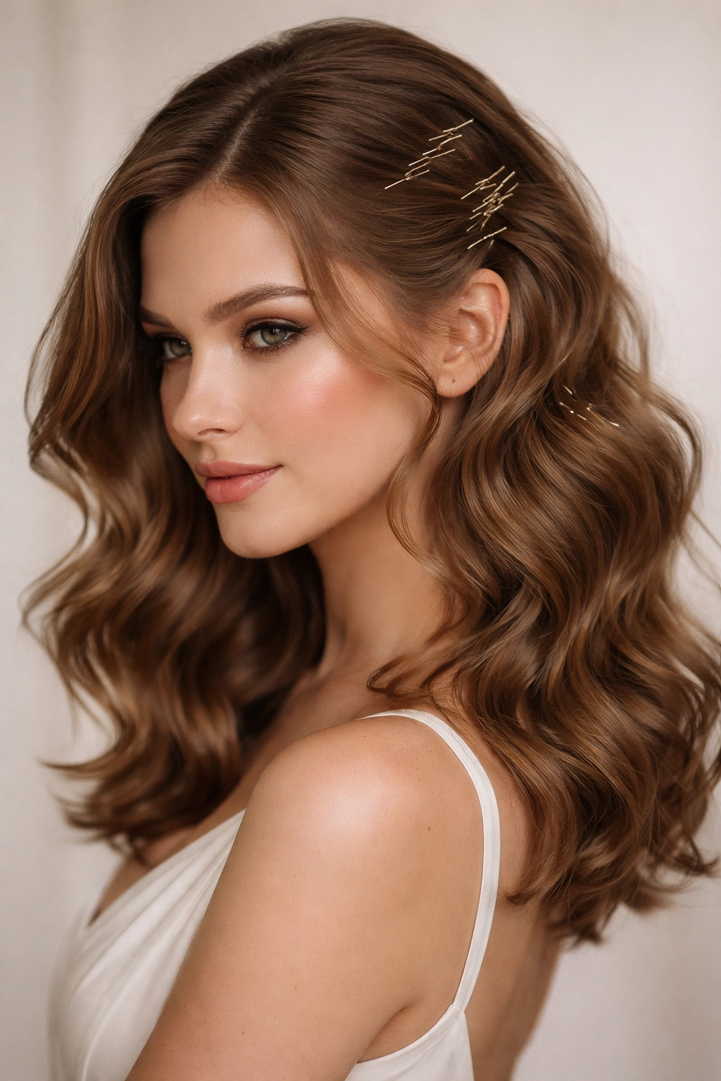 Loose waves with color-matched bobby pin clusters placed on the crown