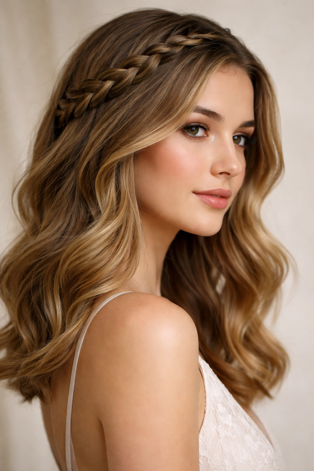 Medium-length waves with an integrated braided crown around the head