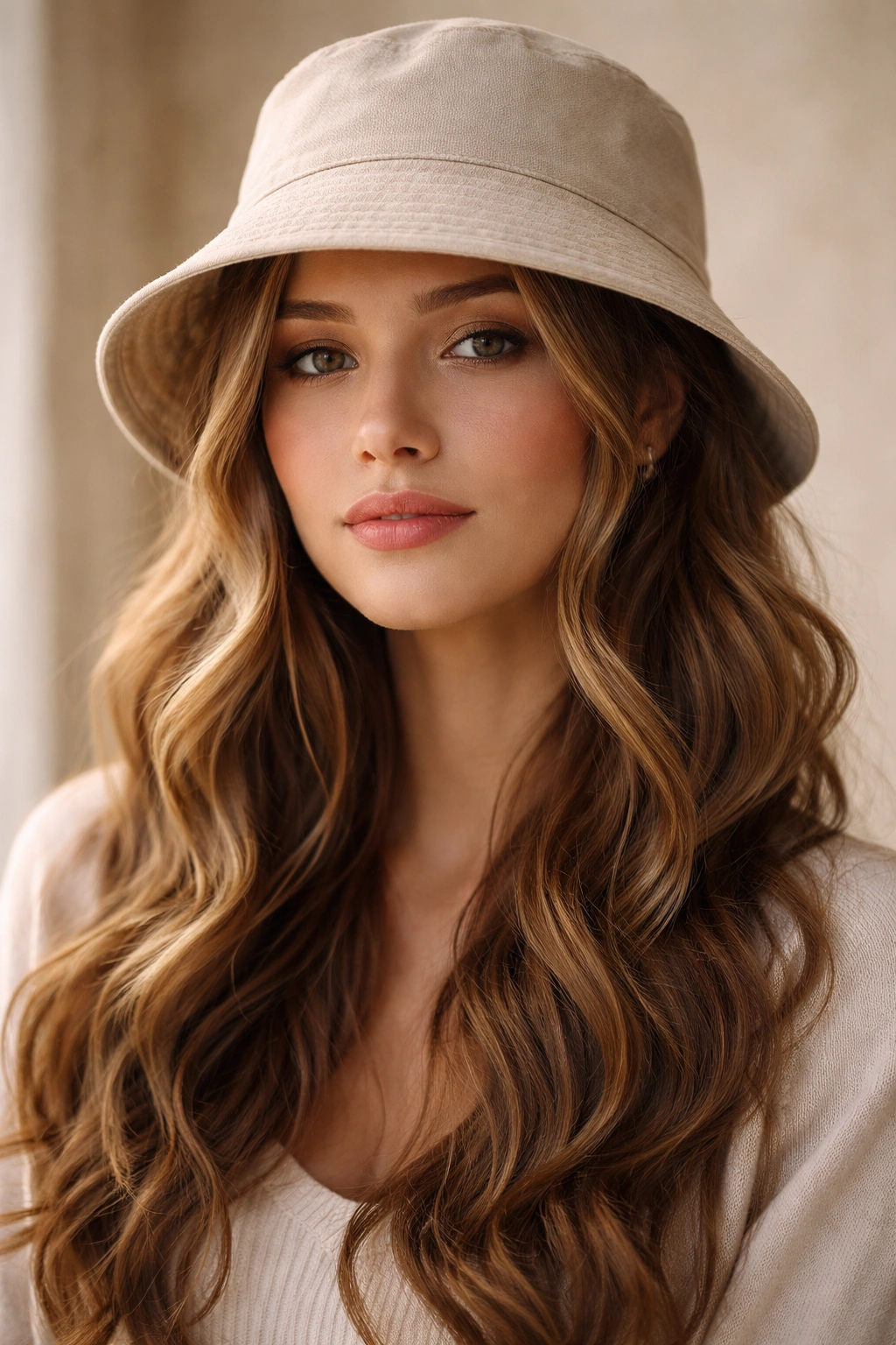 Close-up of half-up waves with face-framing pieces under a bucket hat