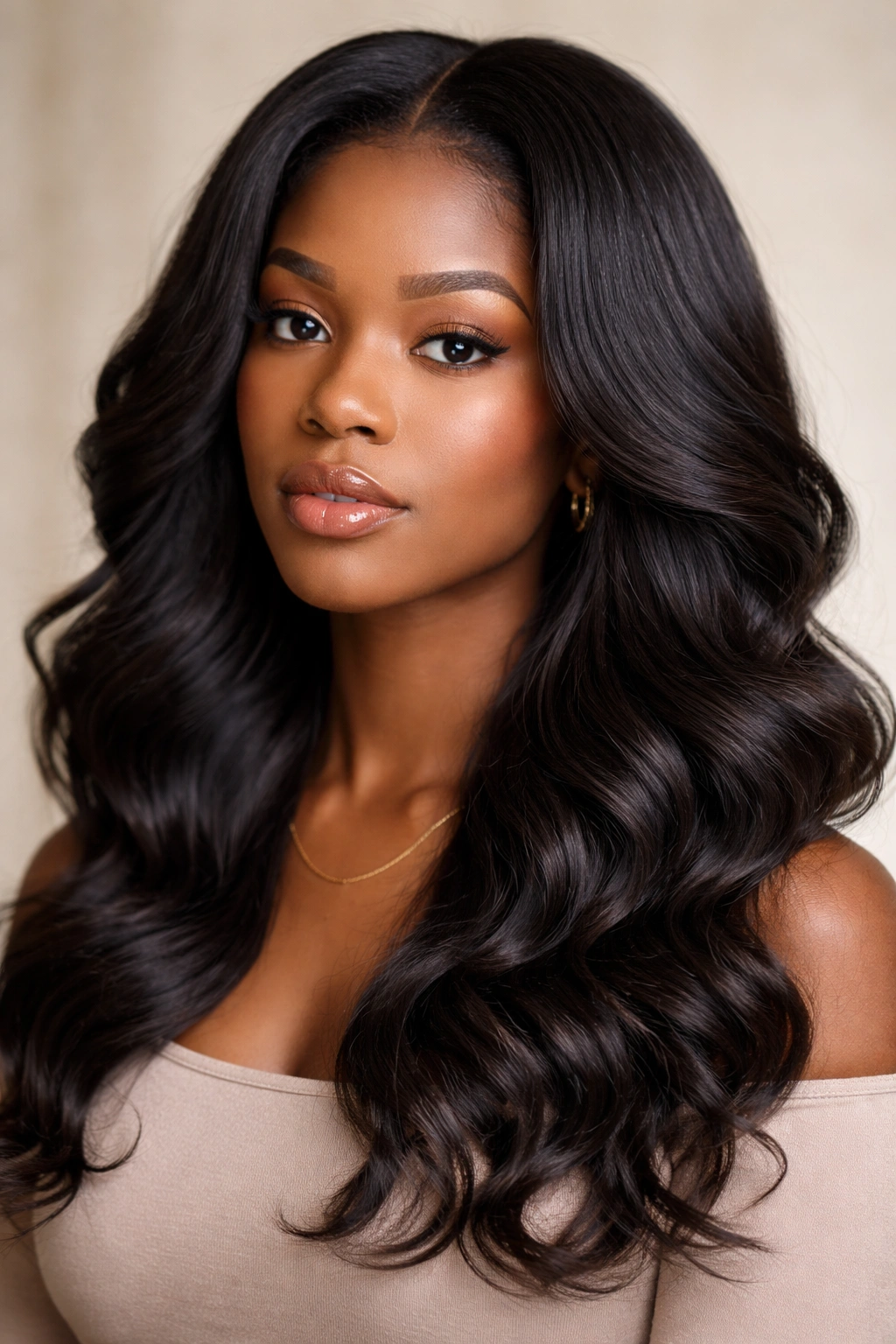 Head-and-shoulders of straightened 4C hair styled in loose waves and curls.