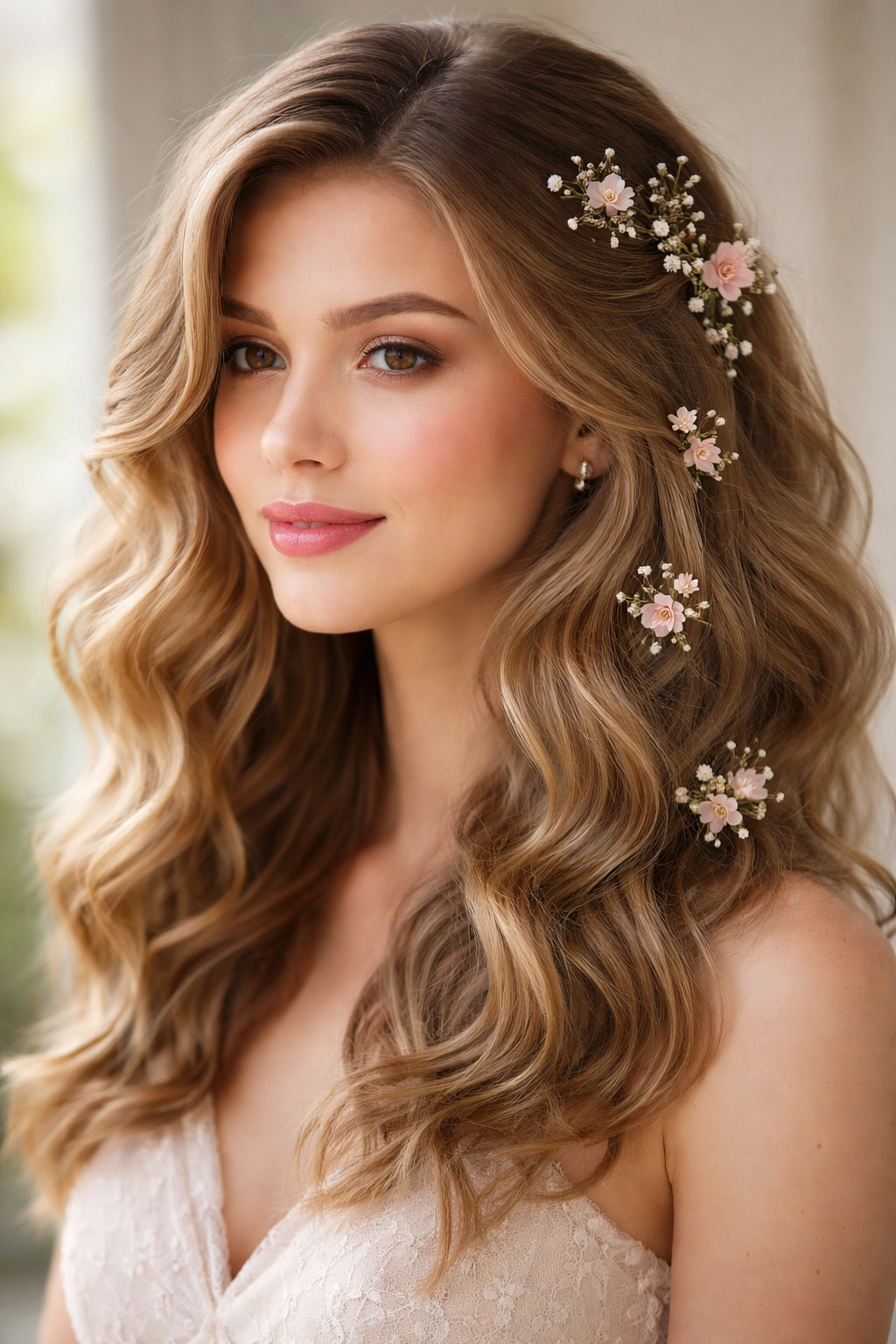 Prom waves with delicate floral pins throughout hair