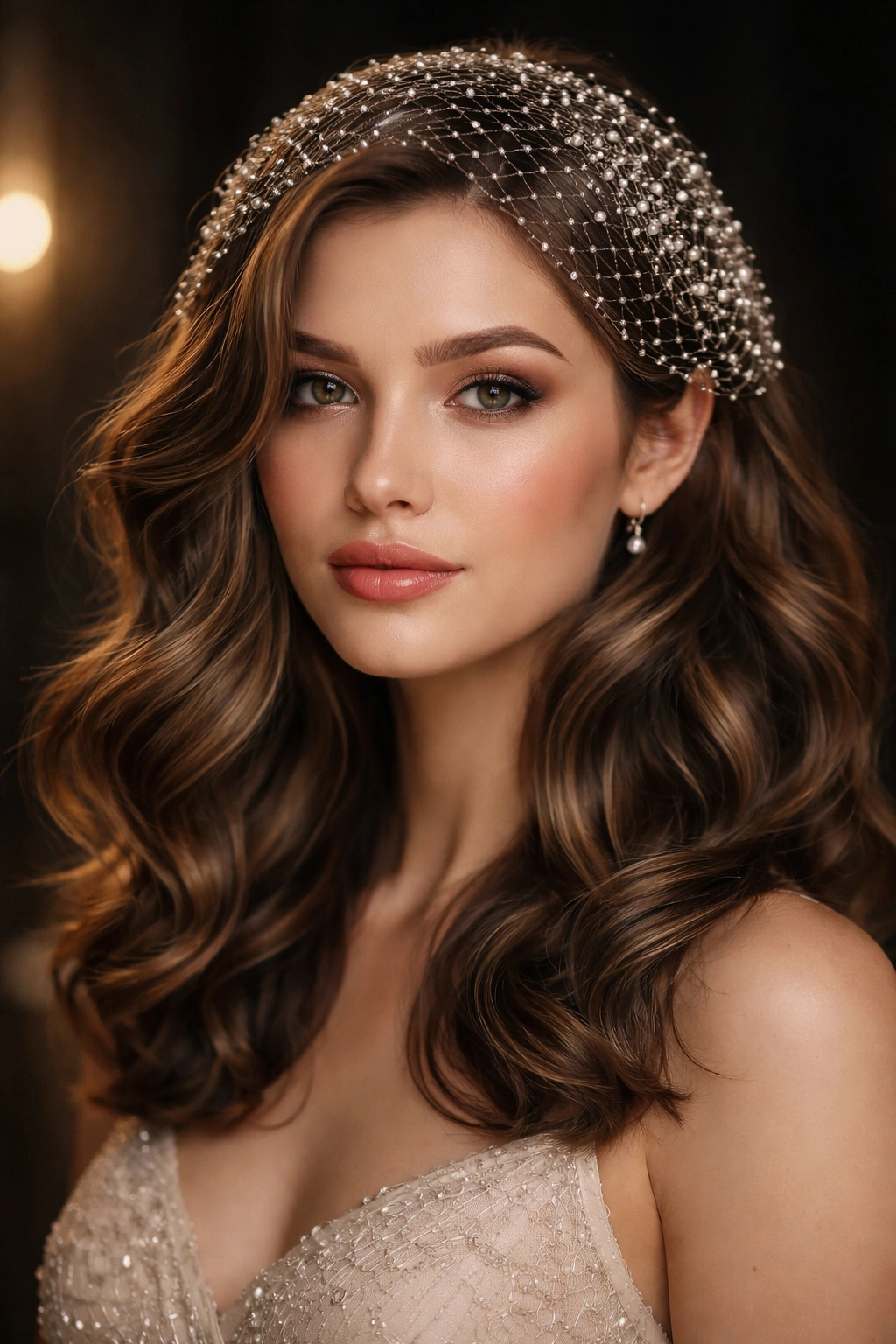 Soft waves with a jeweled hairnet overlay for a formal look