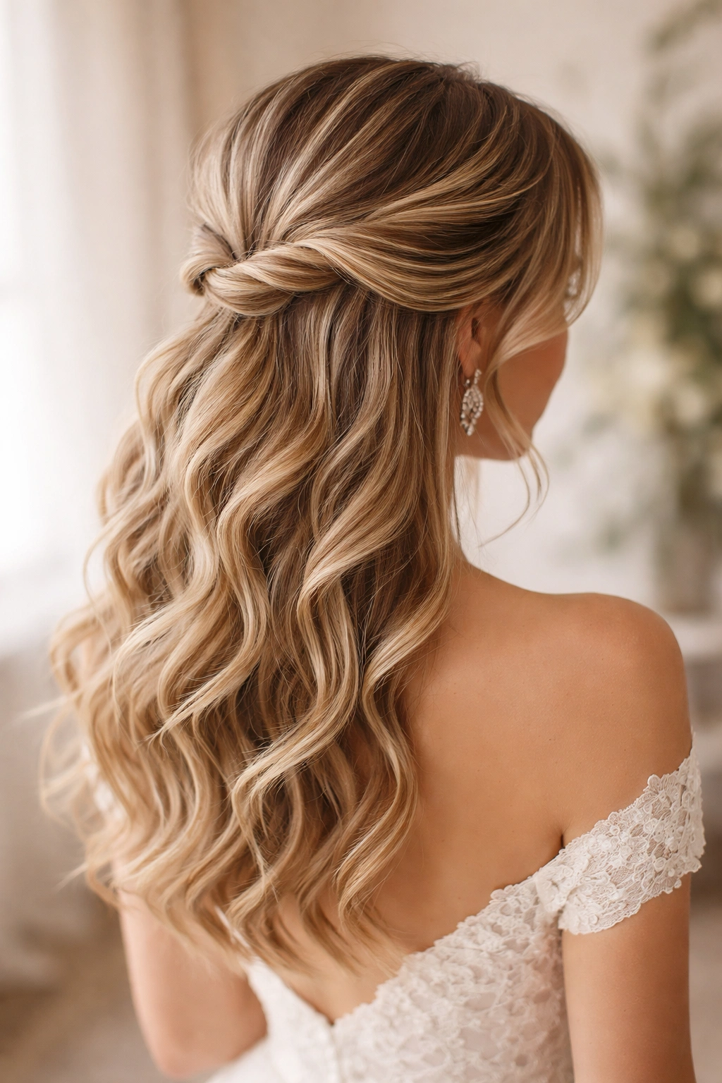 Half-up hairstyle with a loose twist and flowing waves