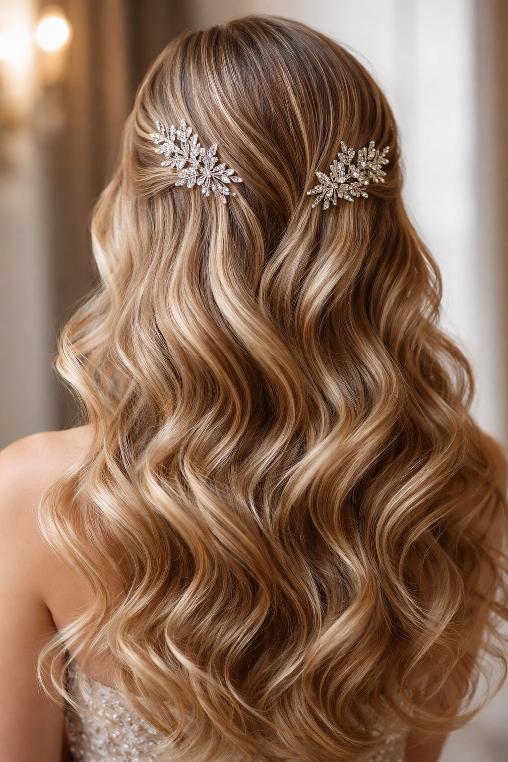 Waves accentuated with jeweled hair pins and a jeweled comb
