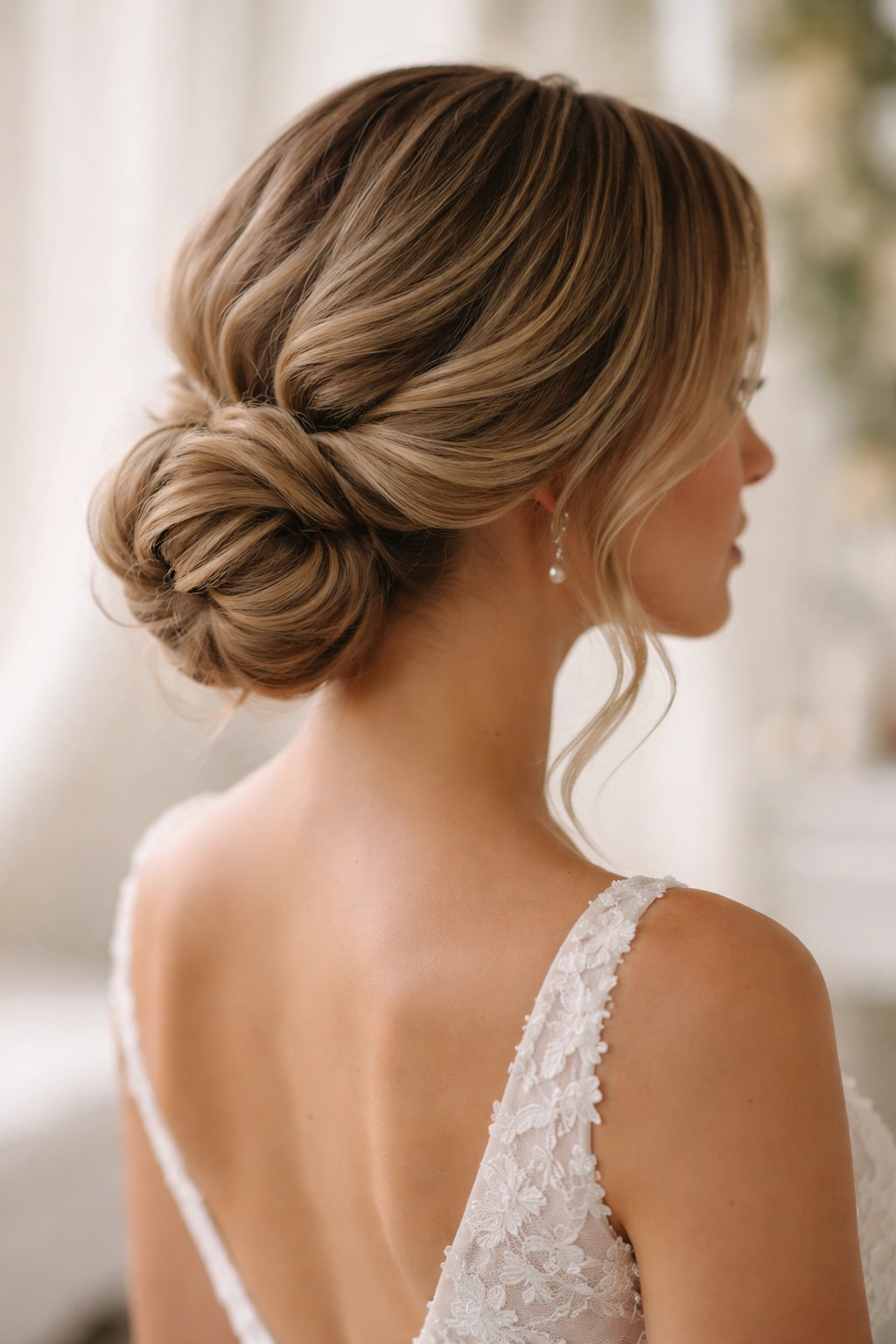 Close-up of soft waves around a low bun at the nape for a bridal look