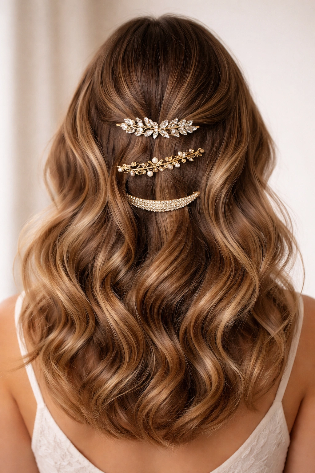 Waves with metallic accessories in hairstyle on model