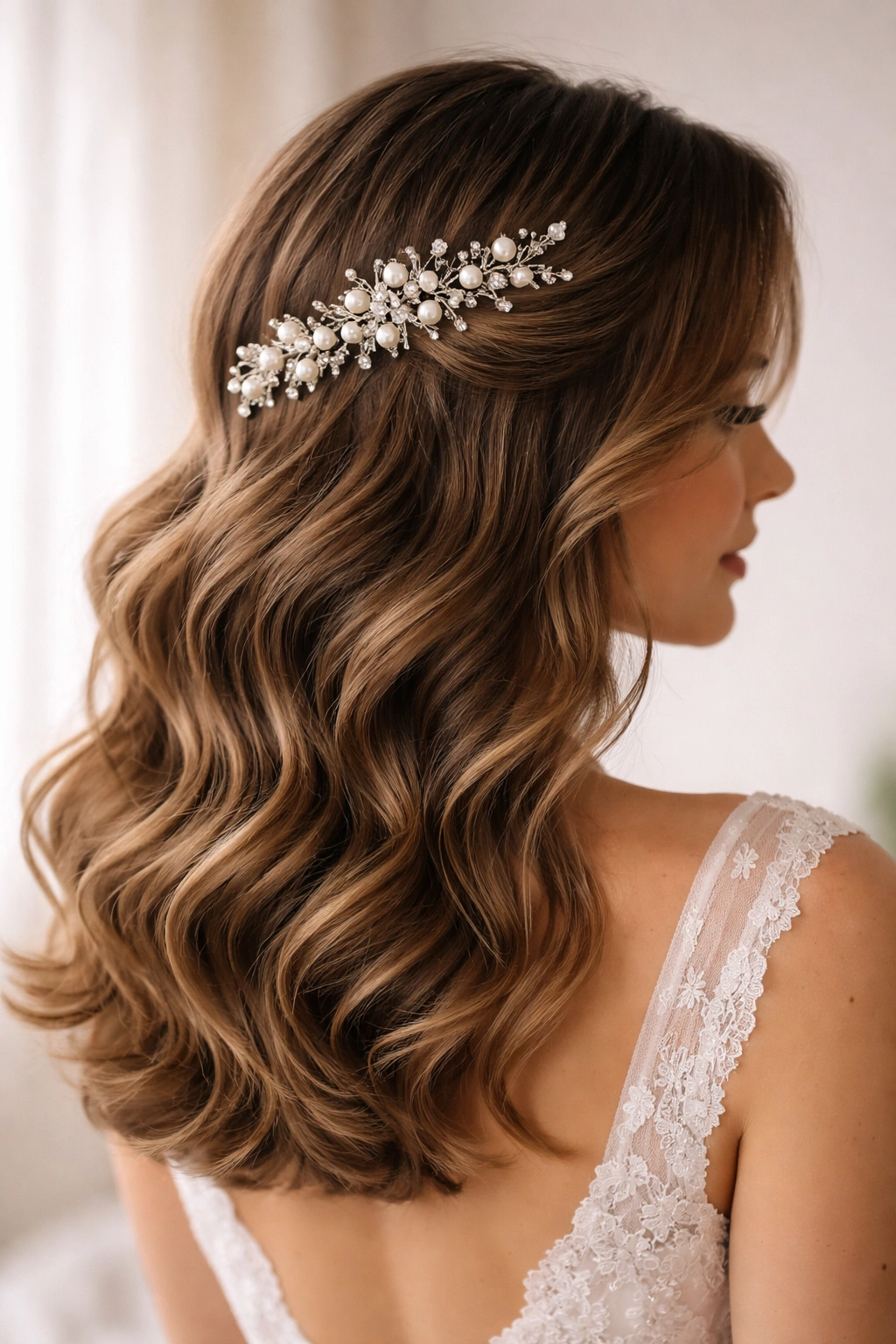 Close-up of waves with a pearl hair comb accent