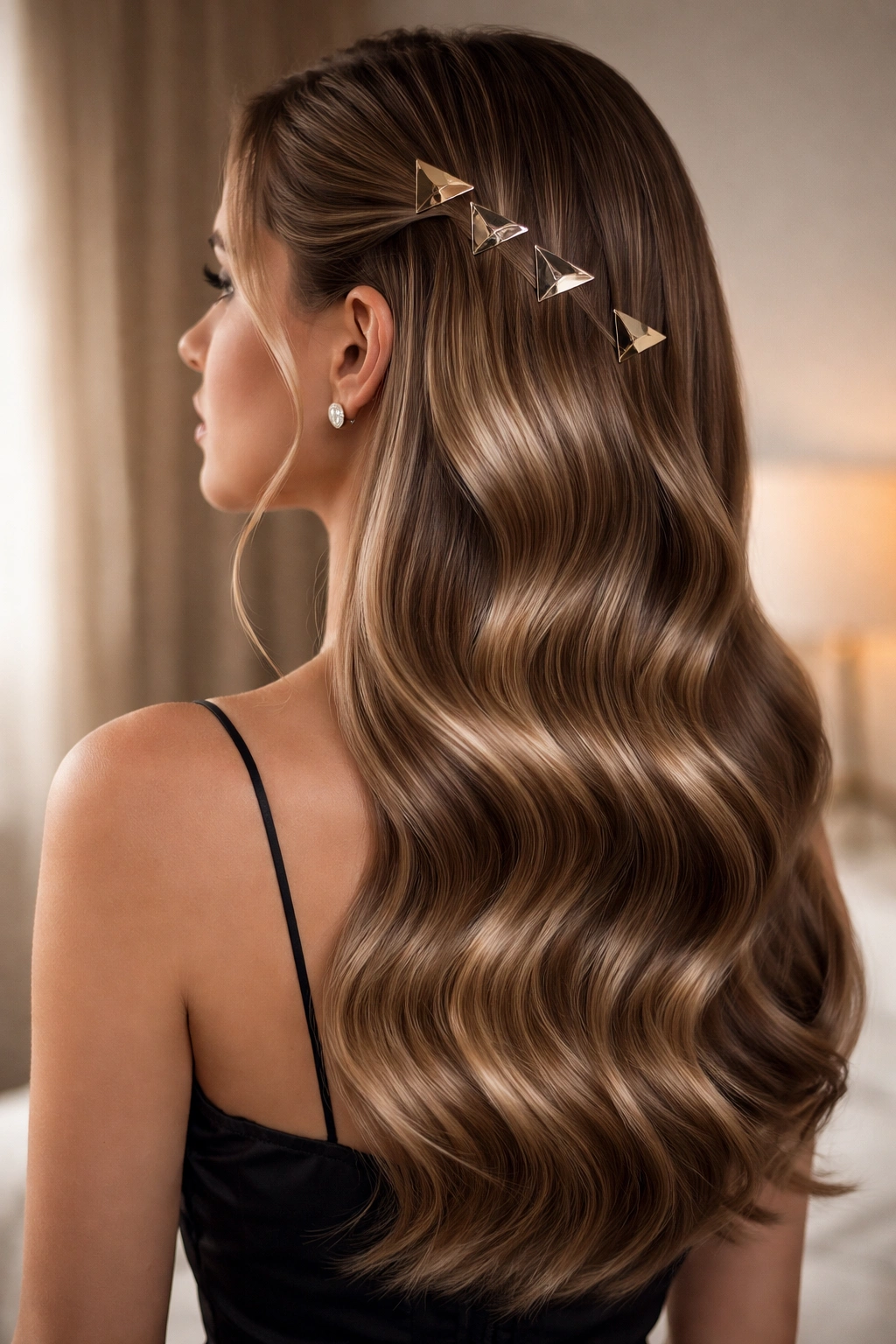 Straight hair with architectural smooth waves and geometric sculptural clips aligned at wave peaks.