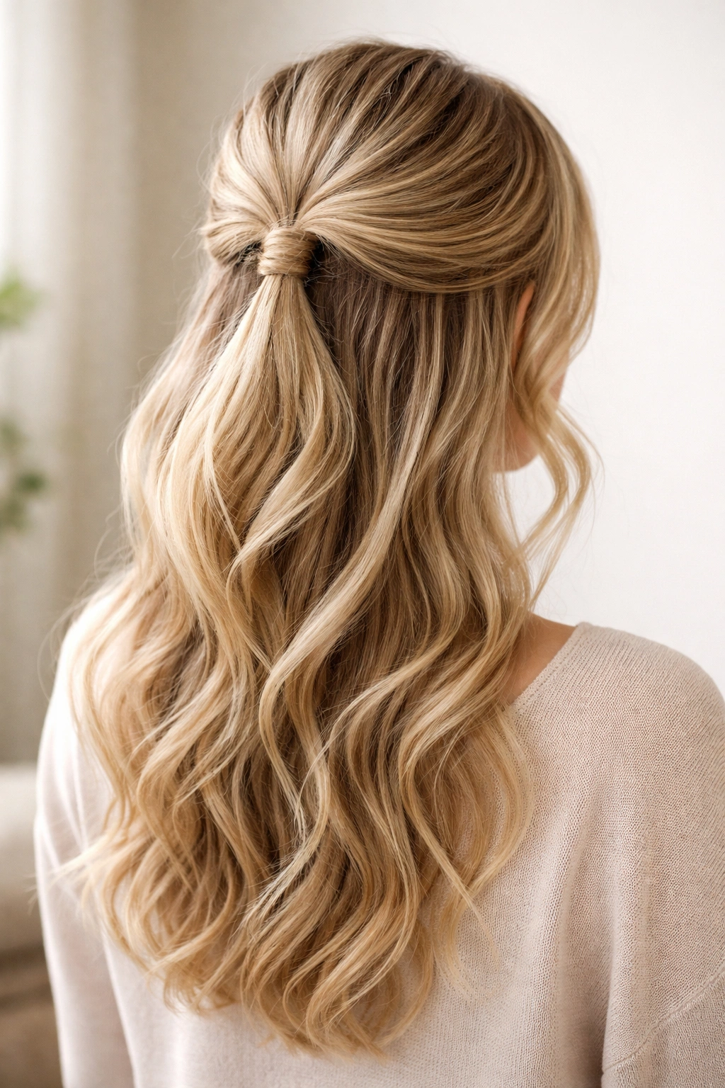 Soft waves across head with a small back section gathered in a half-up style
