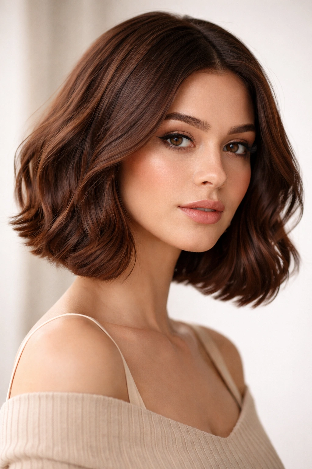 Close-up of blunt-ended chestnut brown wavy bob with warm undertones