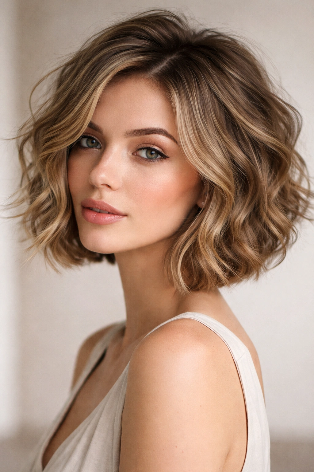 Chin-length wavy bob with crown volume and textured layers