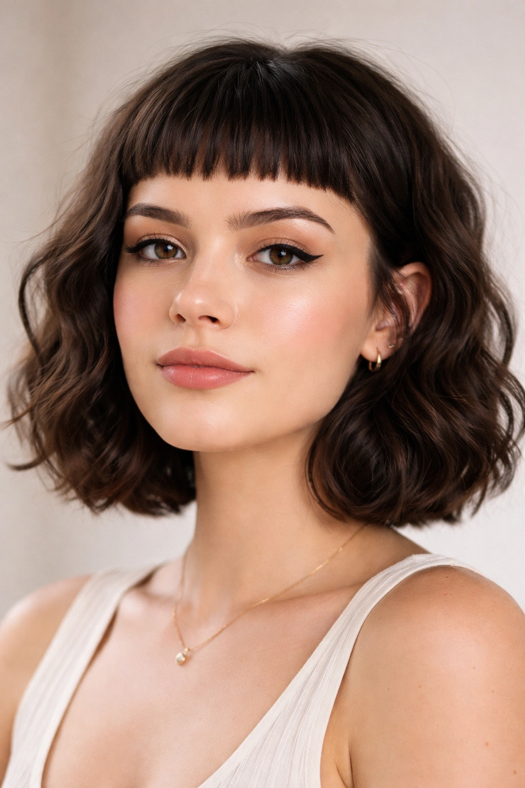 Portrait of a person with a wavy bob and micro bangs.