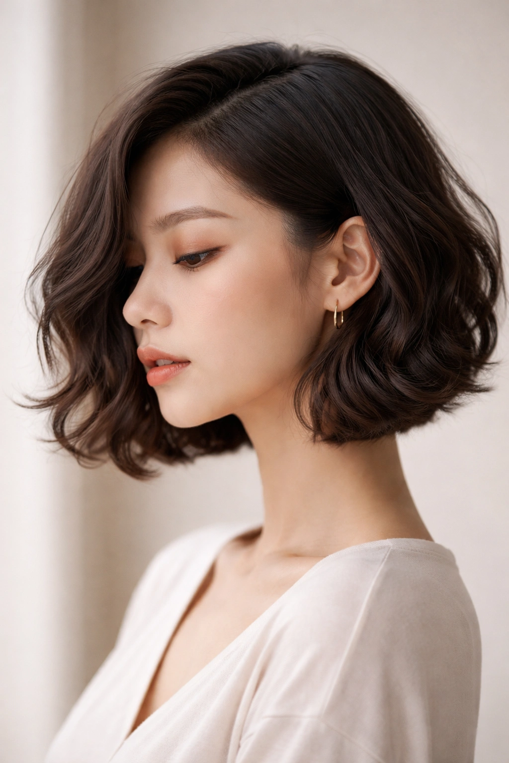 Wavy bob with a distinct side parting featuring asymmetrical face-framing waves