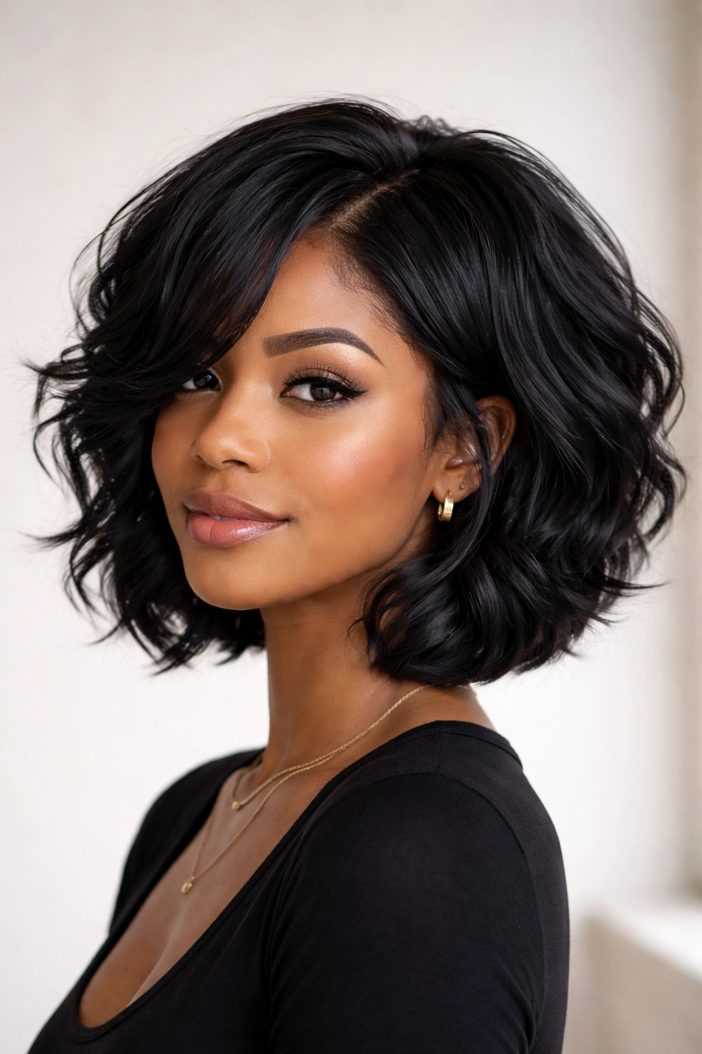 Wavy bob with stacked layers showing crown lift and face framing pieces in studio light.