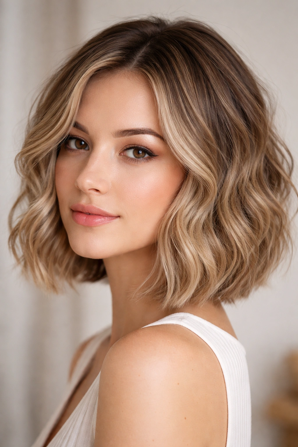 Wavy bob styled on straight hair with loose waves