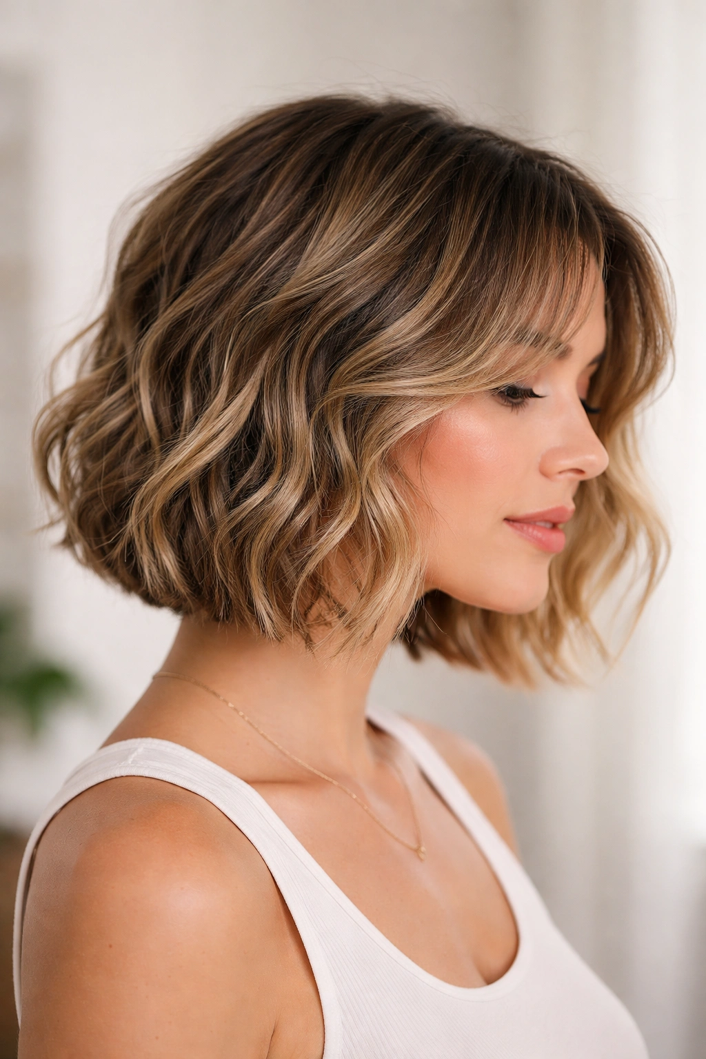 Front-side view of a wavy bob with piece-y texture