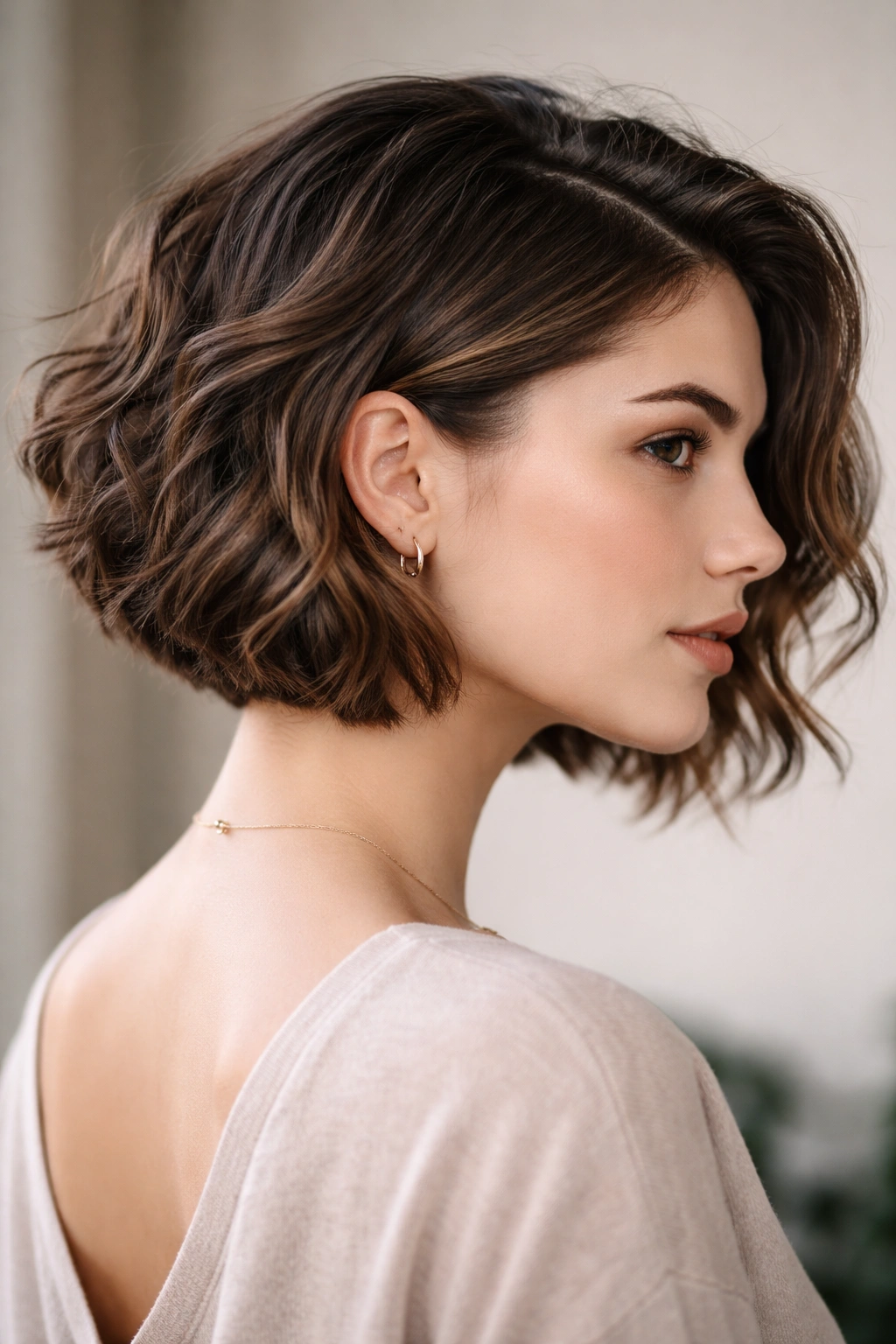 Wavy bob above shoulders with a subtle undercut at the nape