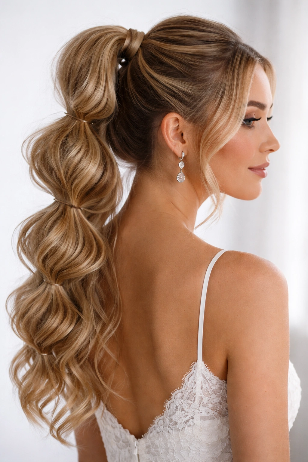 Wavy bubble ponytail with distinct elastic bubbles along the length
