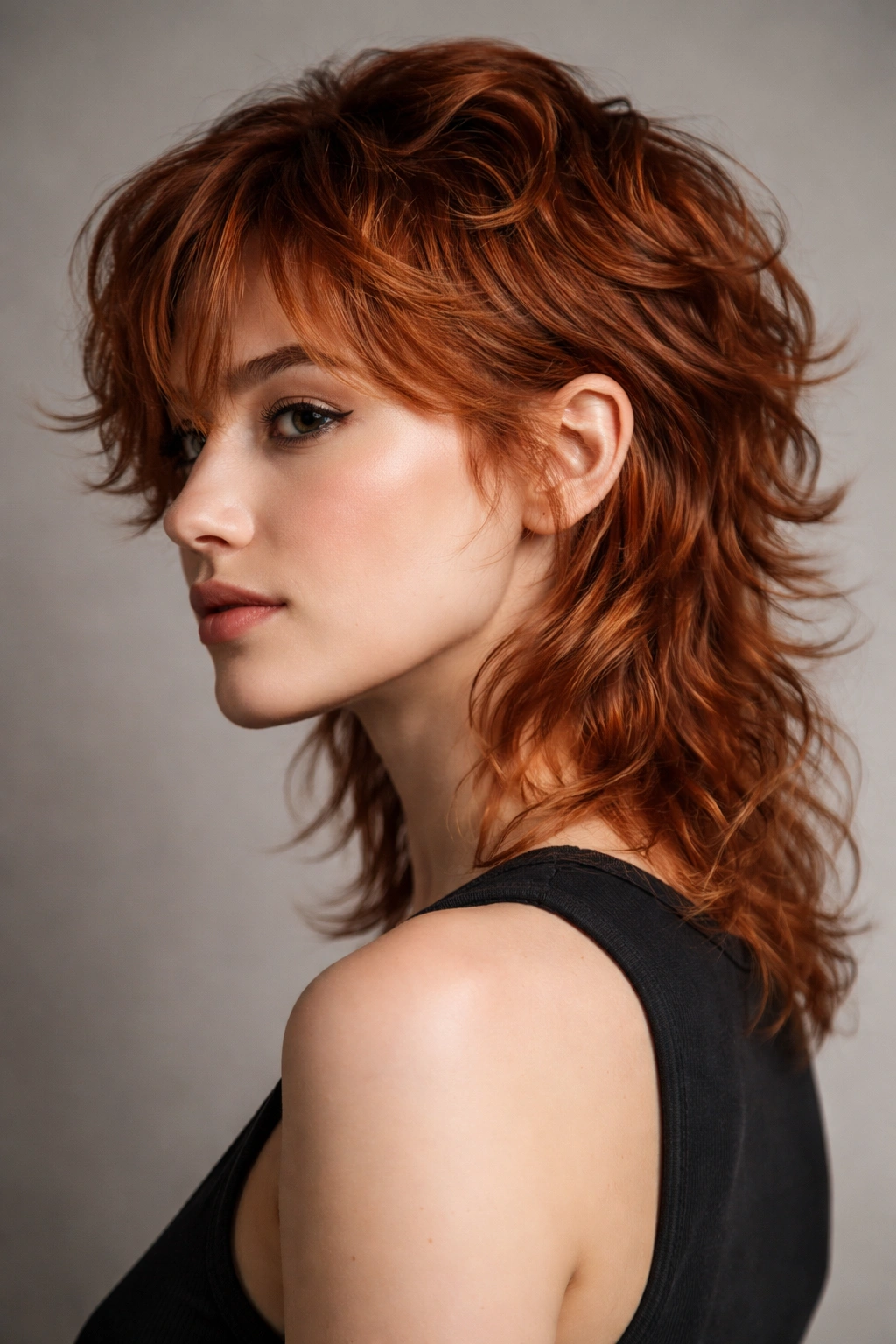 Close-up of a modern wavy copper mullet with subtle taper and light-reflecting waves