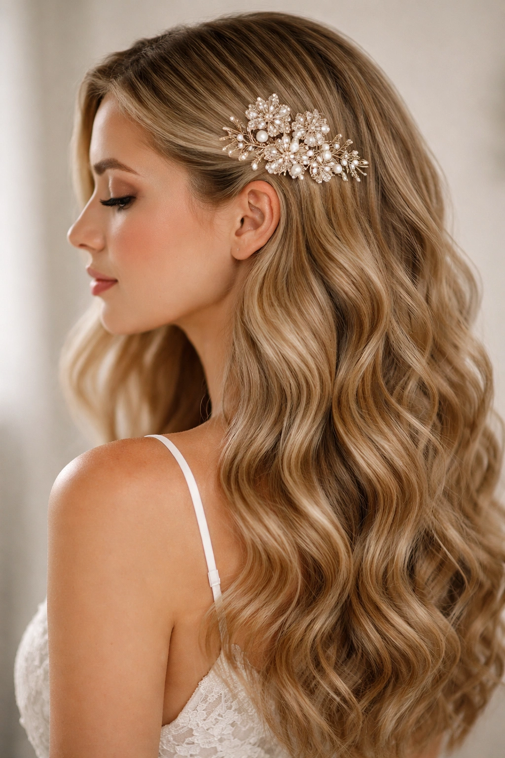 Close-up of wavy hair with a decorative comb detail