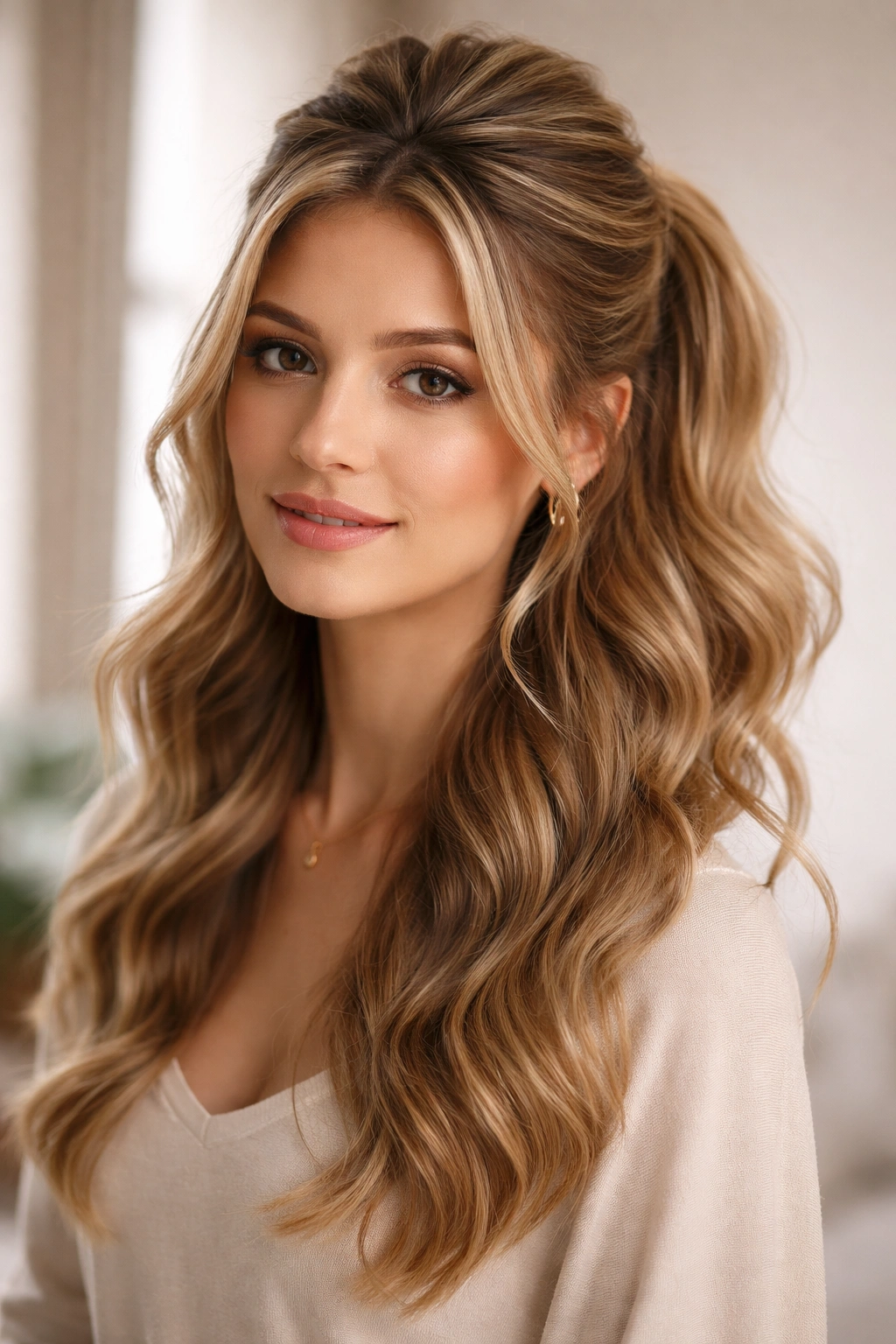 Front view of wavy hair with voluminous half-up section