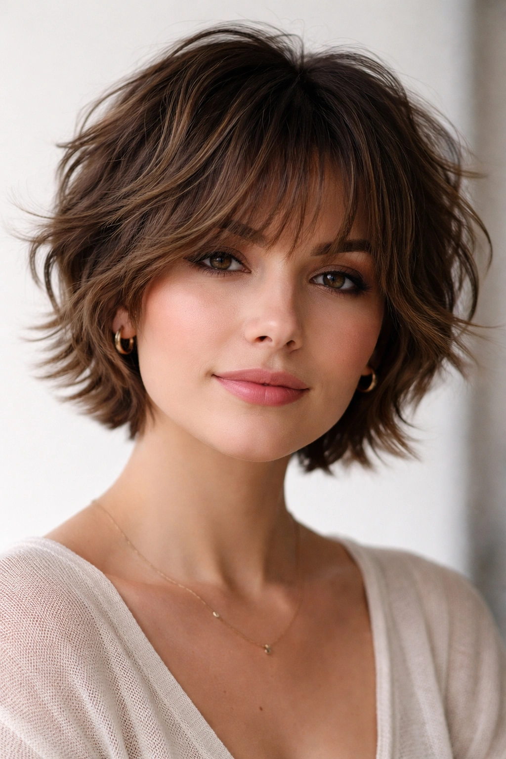 Close-up of a person with a wavy layered crop and wispy bangs.