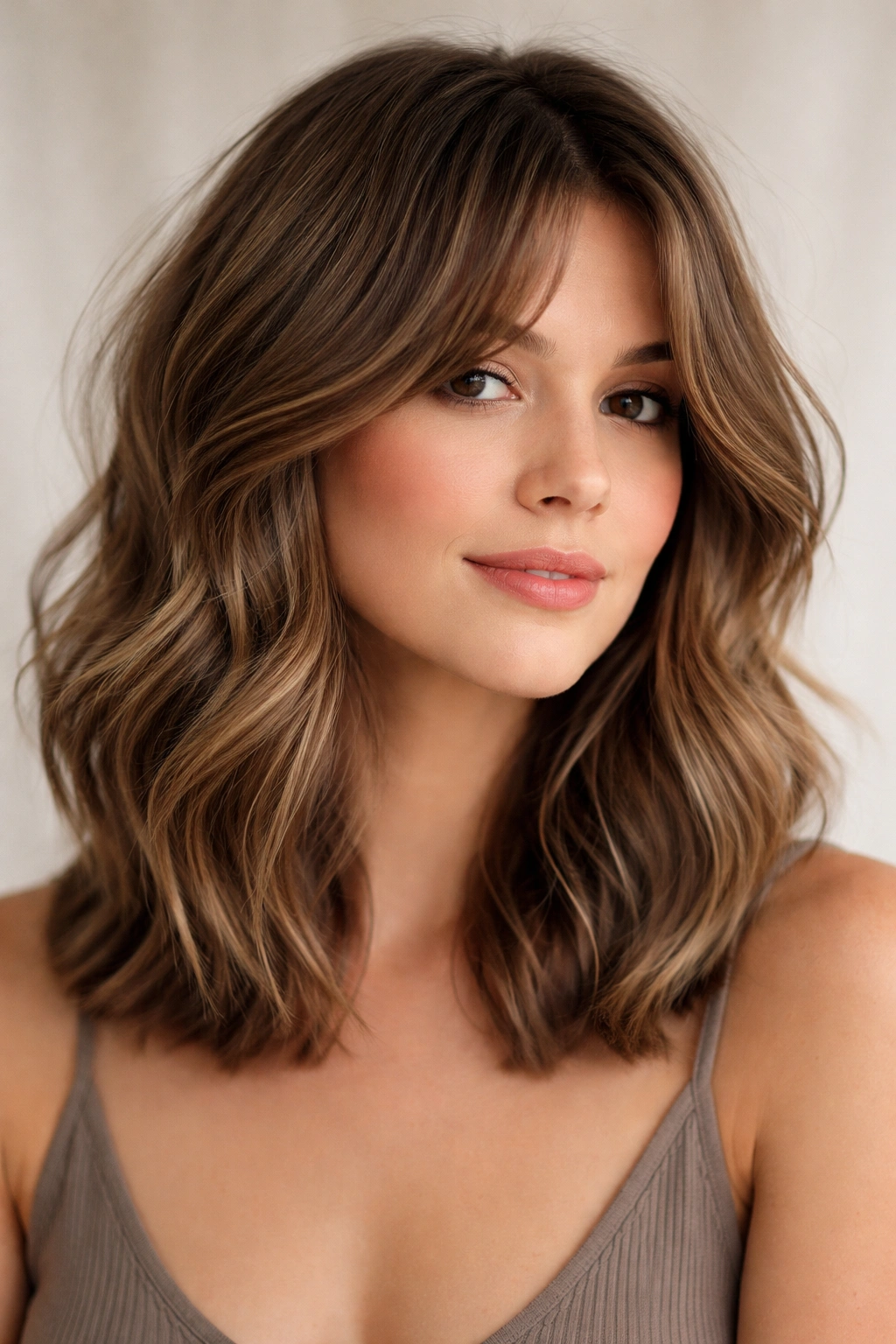 Wavy lob with curtain bangs framing the face