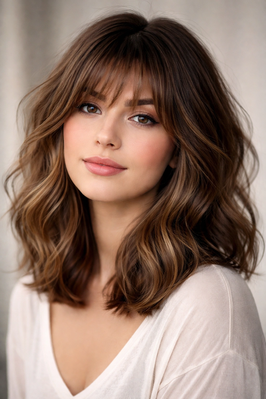 Portrait of a person with a wavy lob and layered bangs.