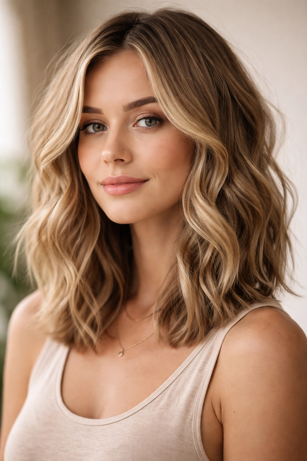 Wavy lob with collarbone length and face-framing layers.