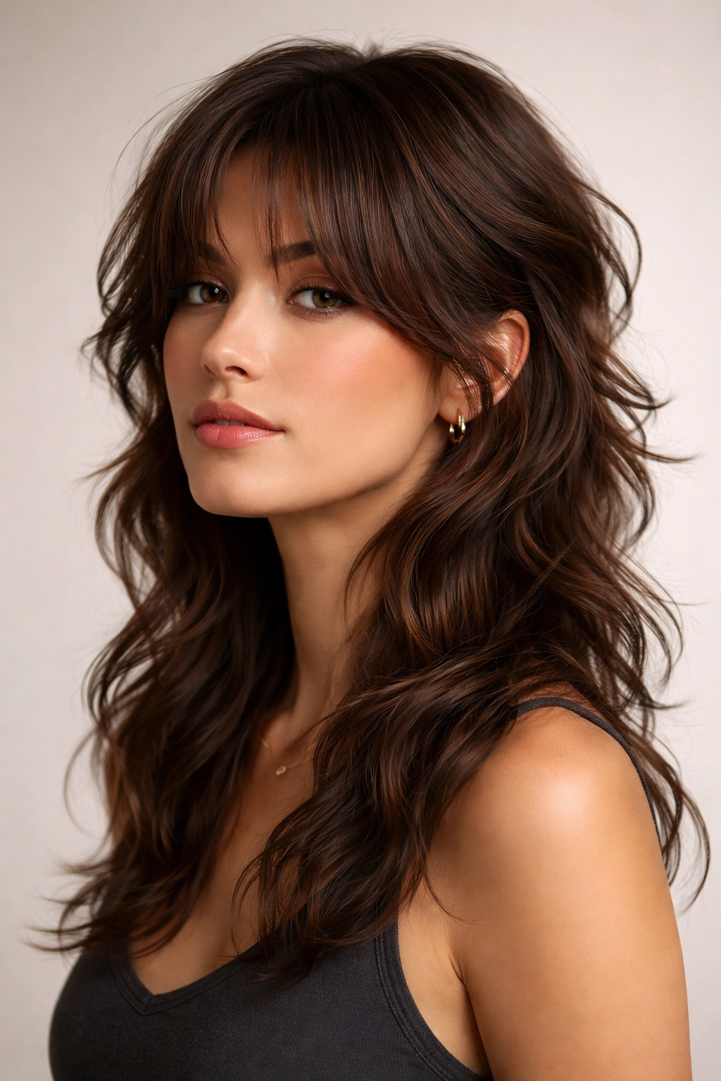 Head-and-shoulders shot of wavy mullet hybrid with curtain bangs