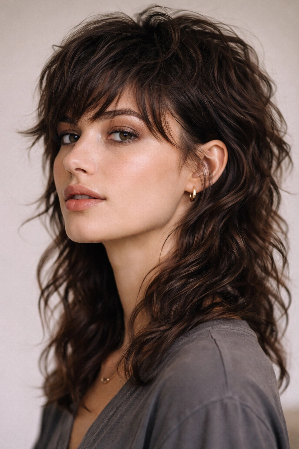 Wavy mullet hairstyle with short top and longer back on an oval face