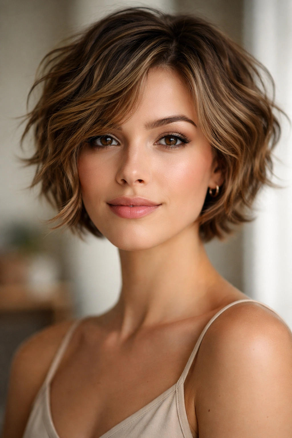 Close-up portrait of a person with a wavy pixie-bob hairstyle framing the face