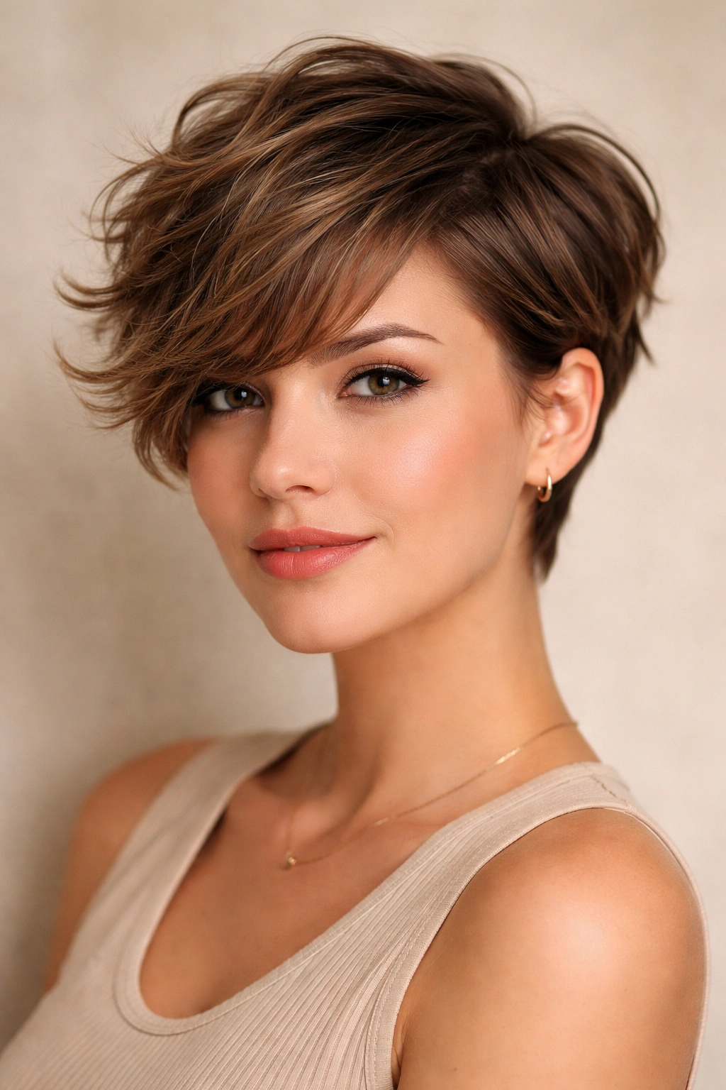 Close-up portrait of a person with a short wavy pixie cut and side-swept bangs.
