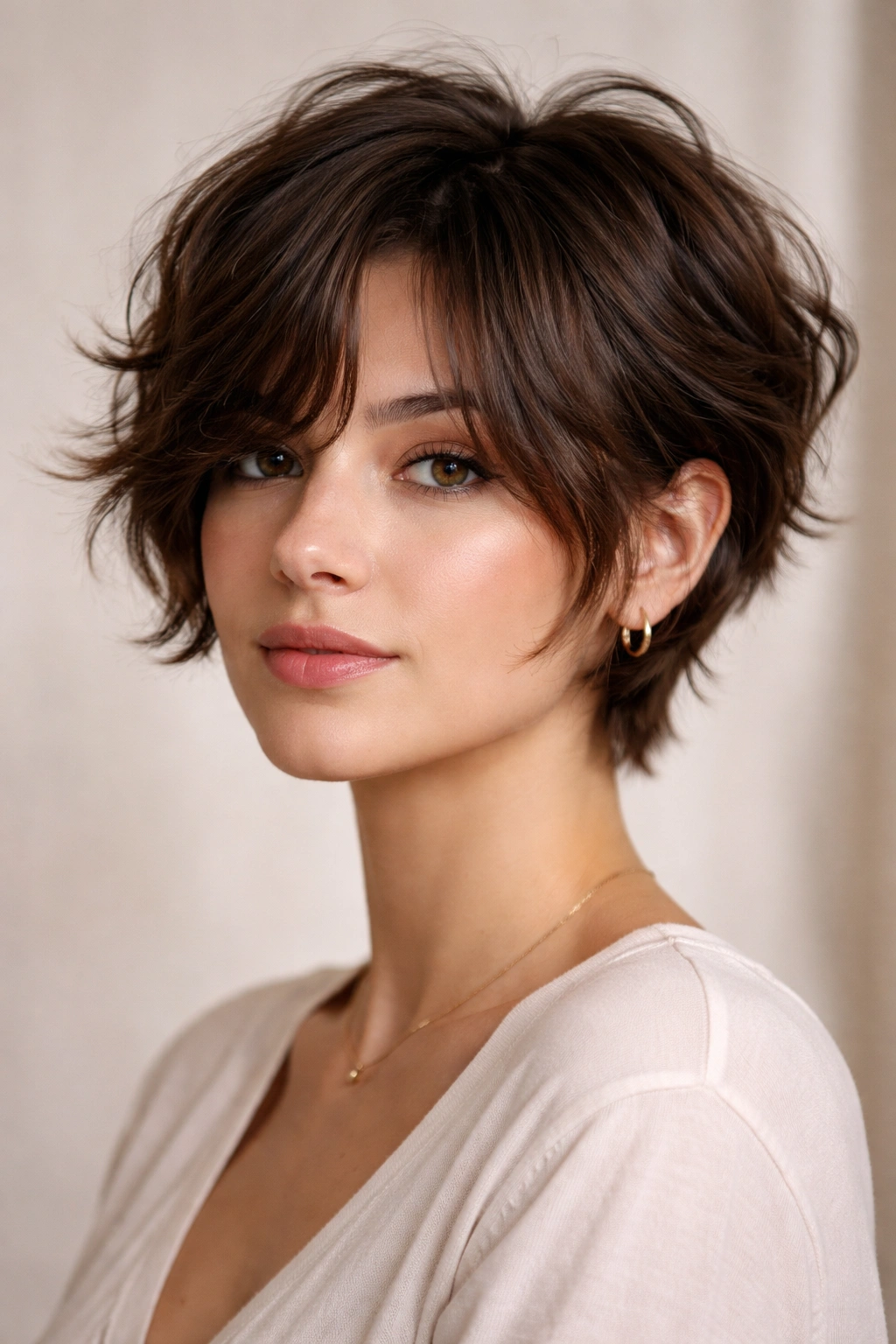 Wavy pixie with grown-out curtain bangs in brown hair