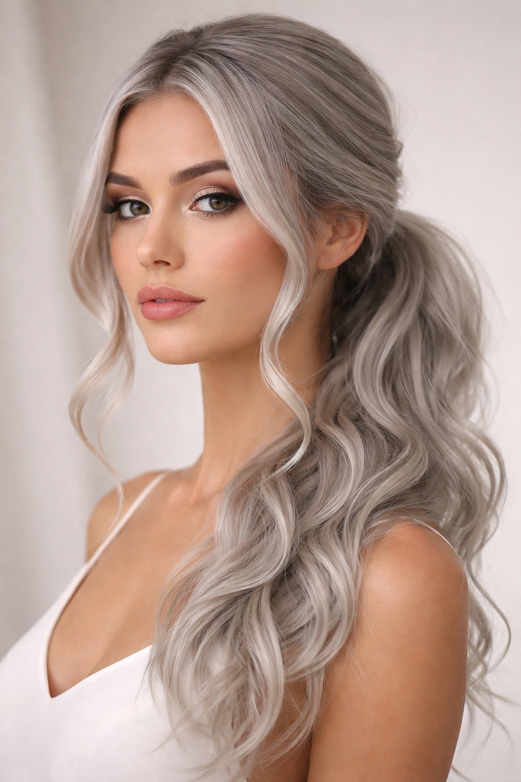 Close-up of a wavy silver ponytail with face-framing pieces at the temples