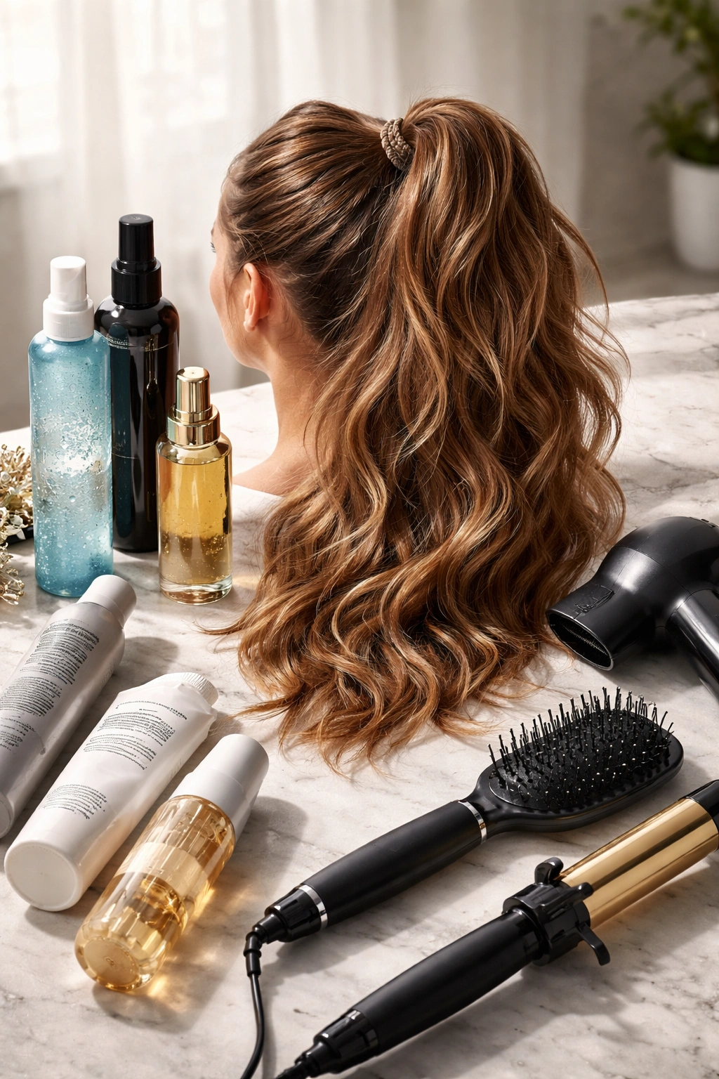 Studio shot of a textured wavy high ponytail with styling products and tools nearby, no text
