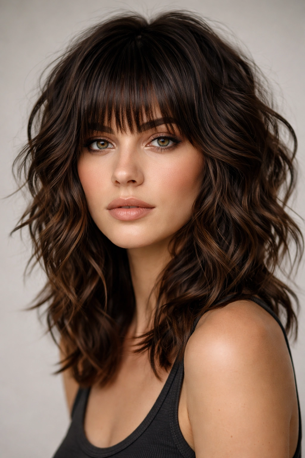 Portrait of a person with a wavy shag and blunt choppy bangs on thick hair.