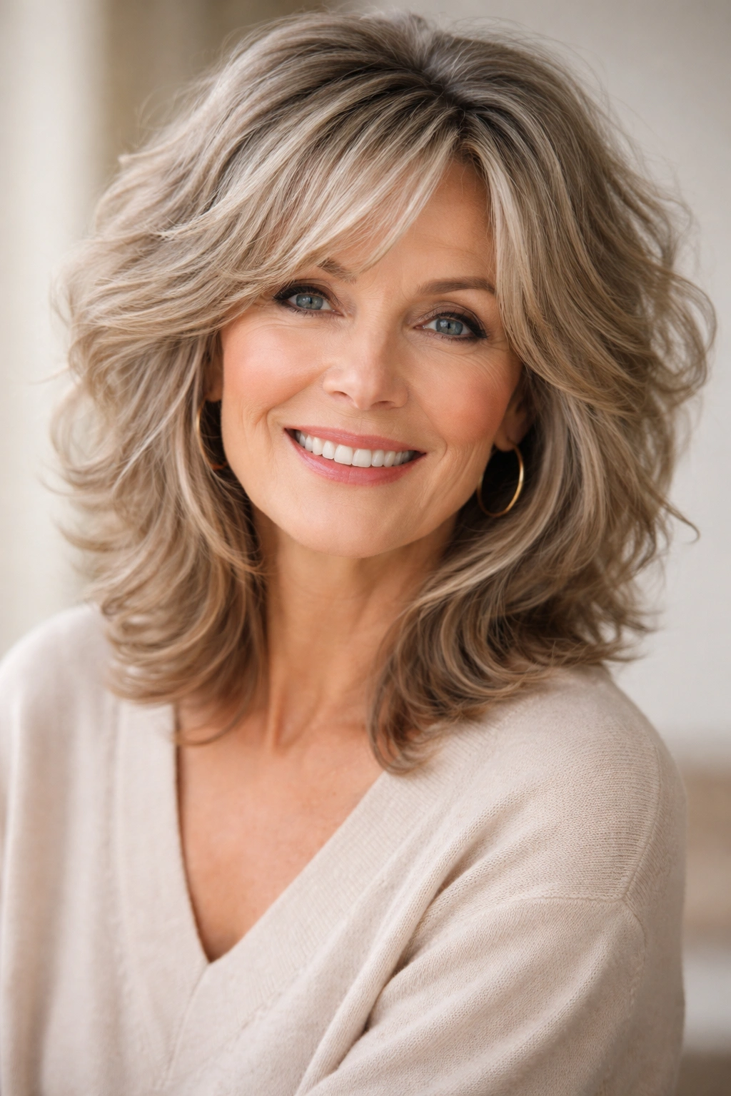 Portrait of a woman with a wavy shag and face-framing layers