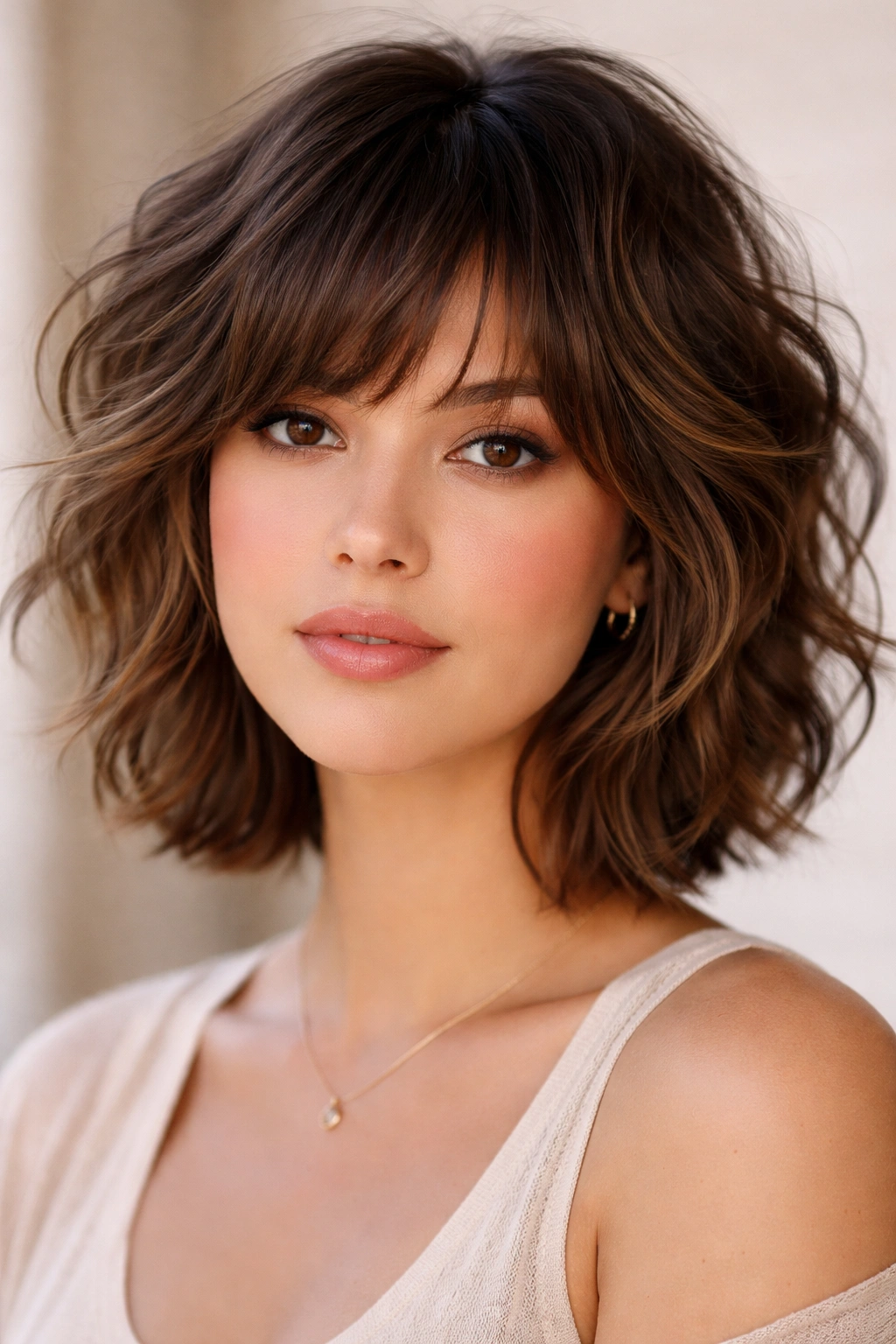 Wavy shag with feathered bangs showing layered texture