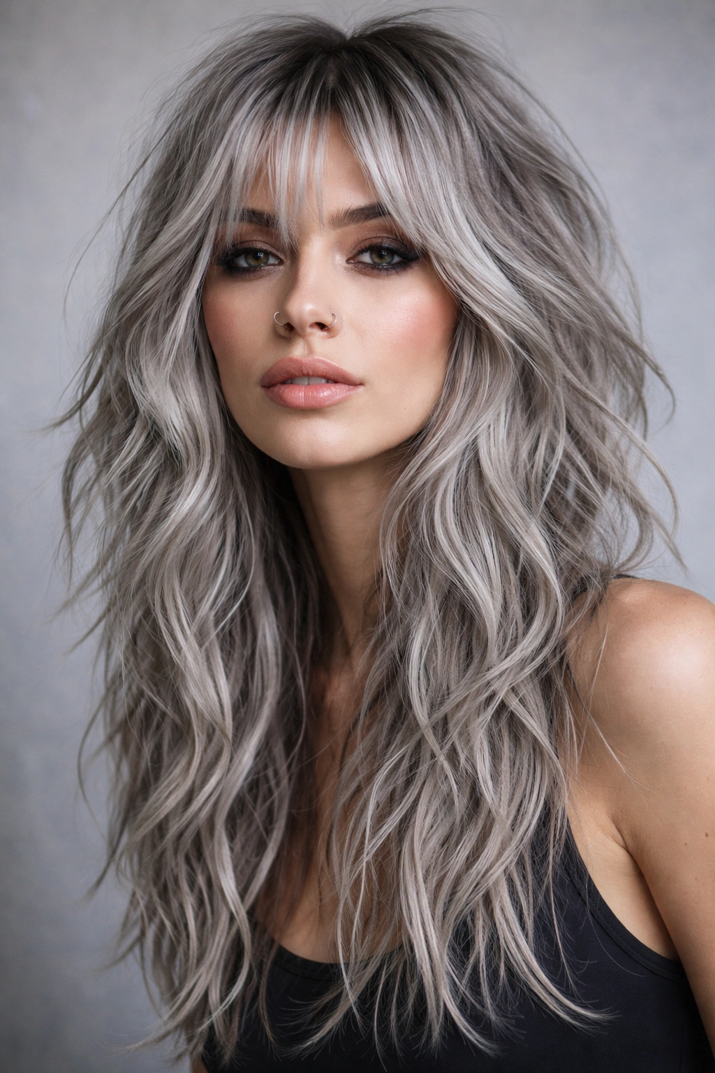 Silver hair with choppy layers and undone waves