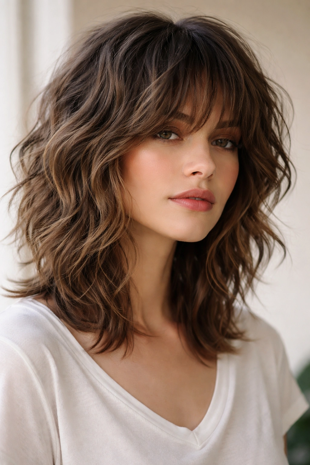 Close-up of a model's head showing wavy shag with short layers and textured hair.
