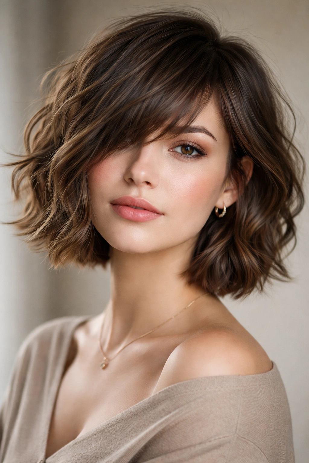 Portrait of a person with a wavy textured bob and diagonal bangs.