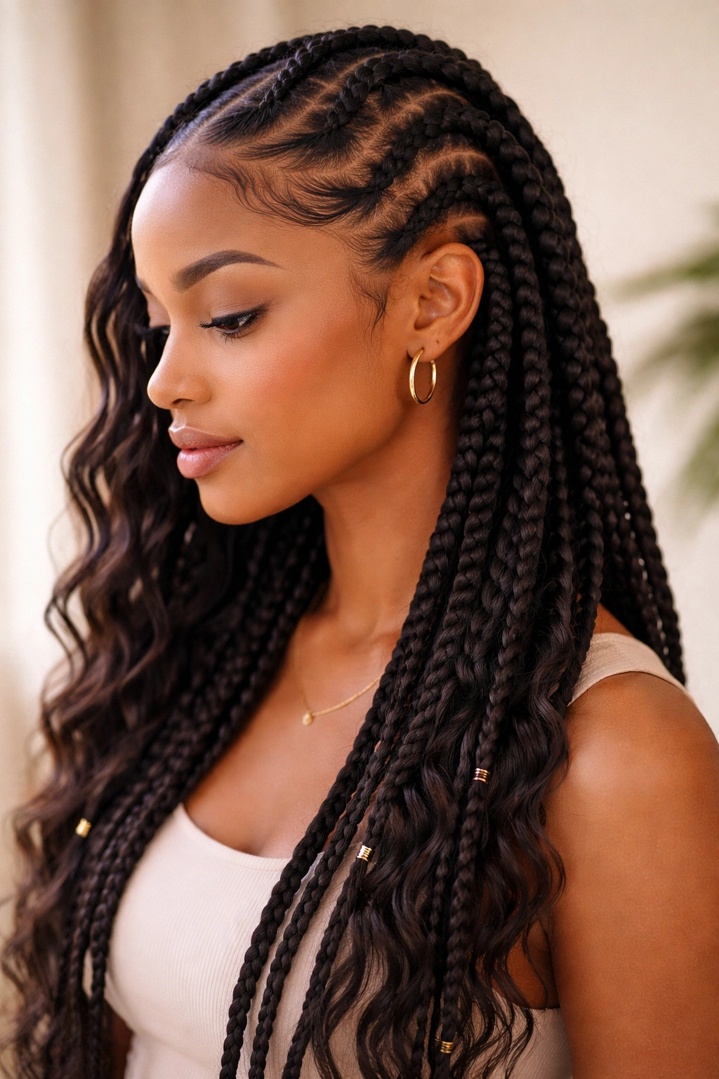 Wavy zigzag cornrows flowing into loose box braids with soft waves