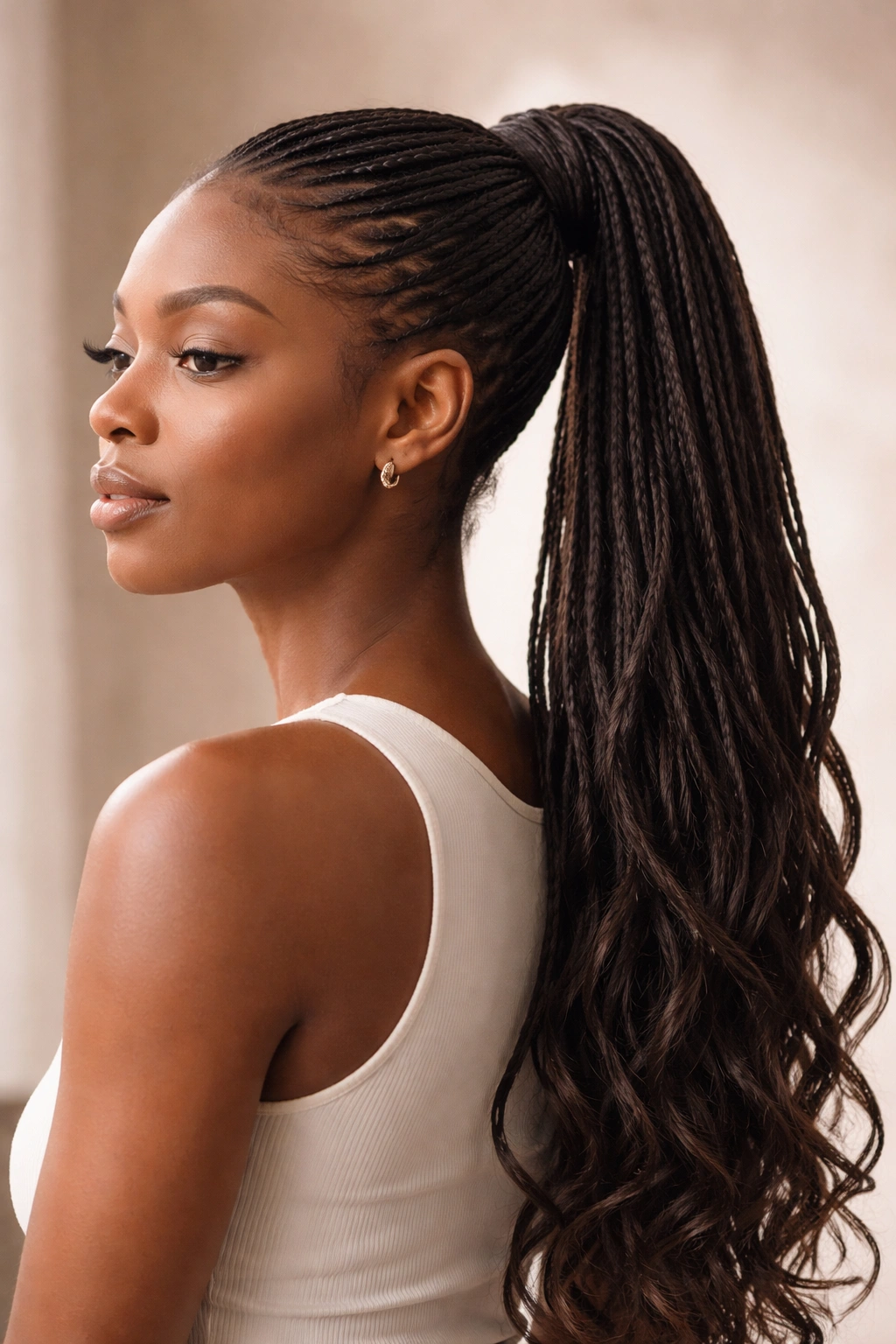 Close-up of a sleek weave ponytail on locs in a studio, emphasizing texture and shine