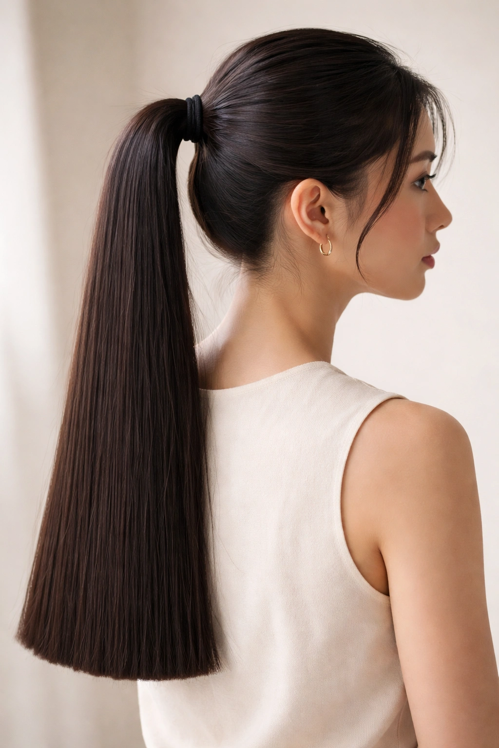 Blunt-ended ponytail with dense, weighted ends