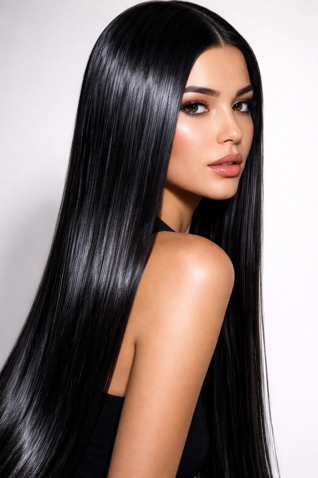 Jet-black hair with pin-straight, wet-look shine