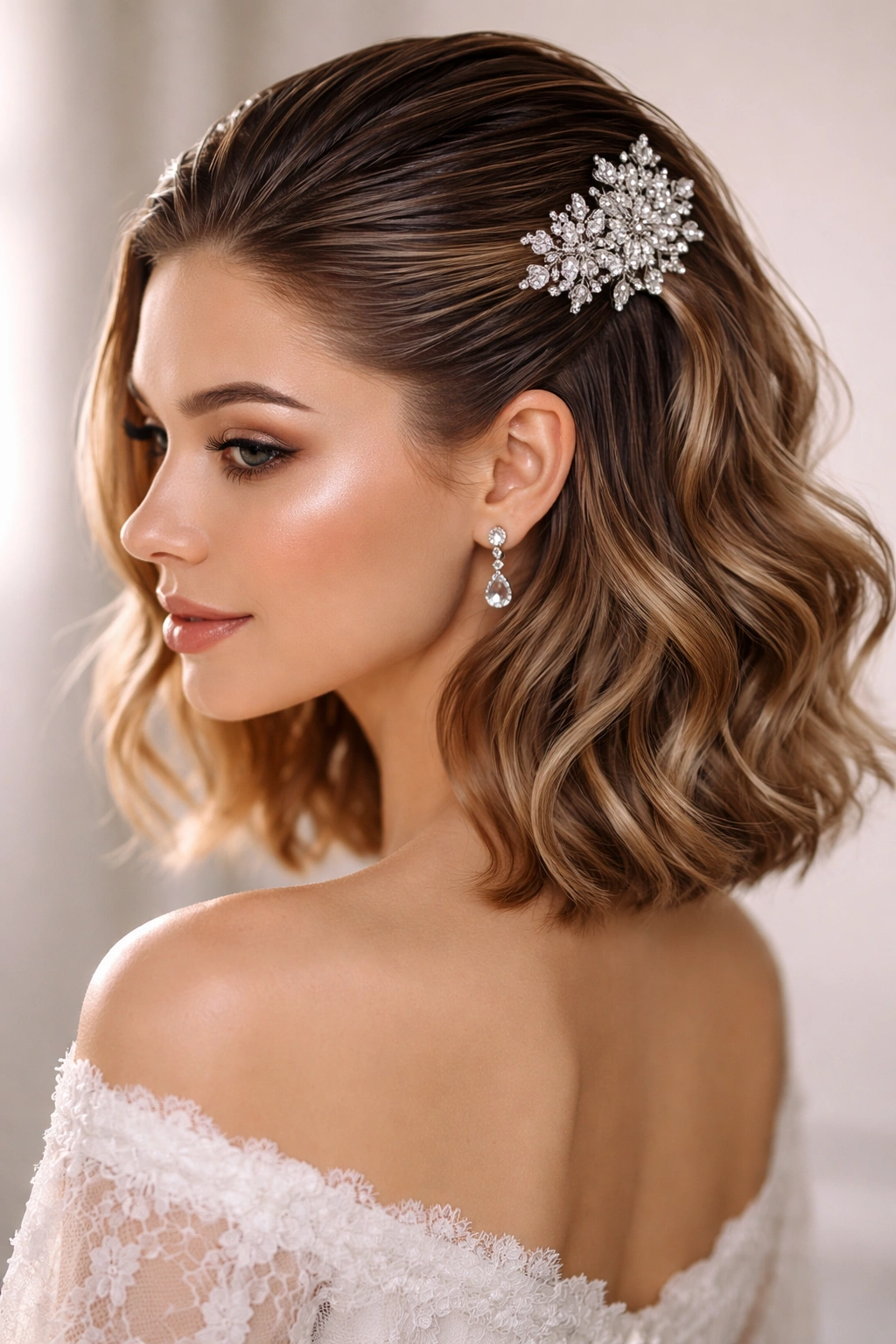Wet-look half-up with ornate pin and lower waves